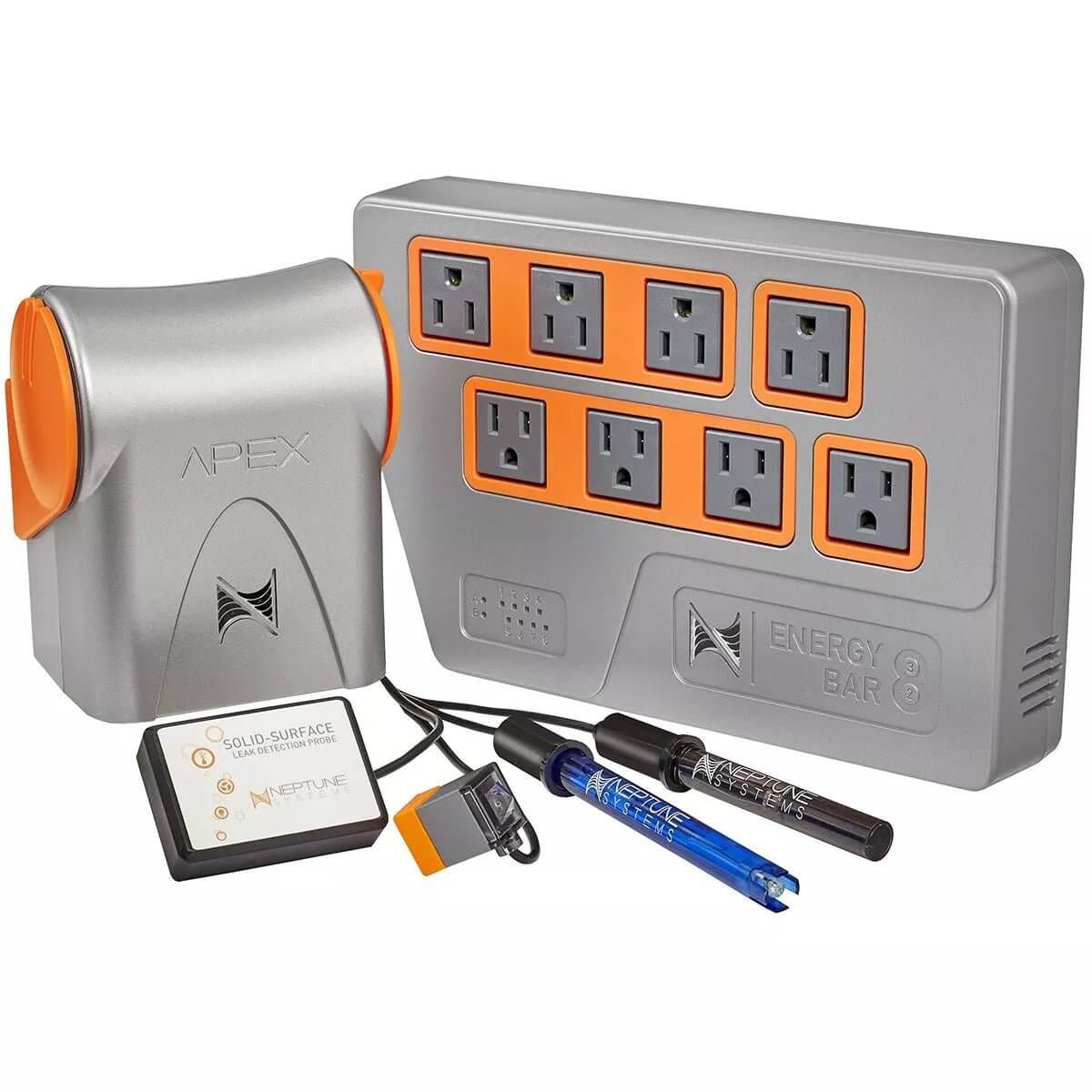 Neptune A3 Apex Aquarium Controller System with Energy Bar, pH probe, and temperature sensors for aquarium monitoring and control.
