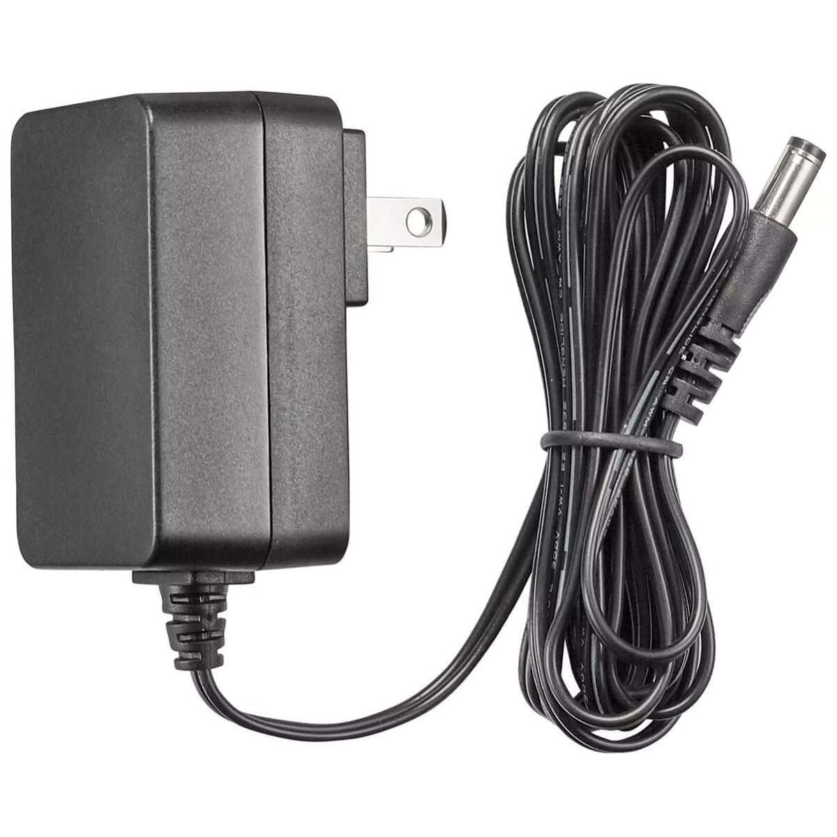 Black power adapter with cord, designed for electronic devices. Compact design with plug for wall outlet.