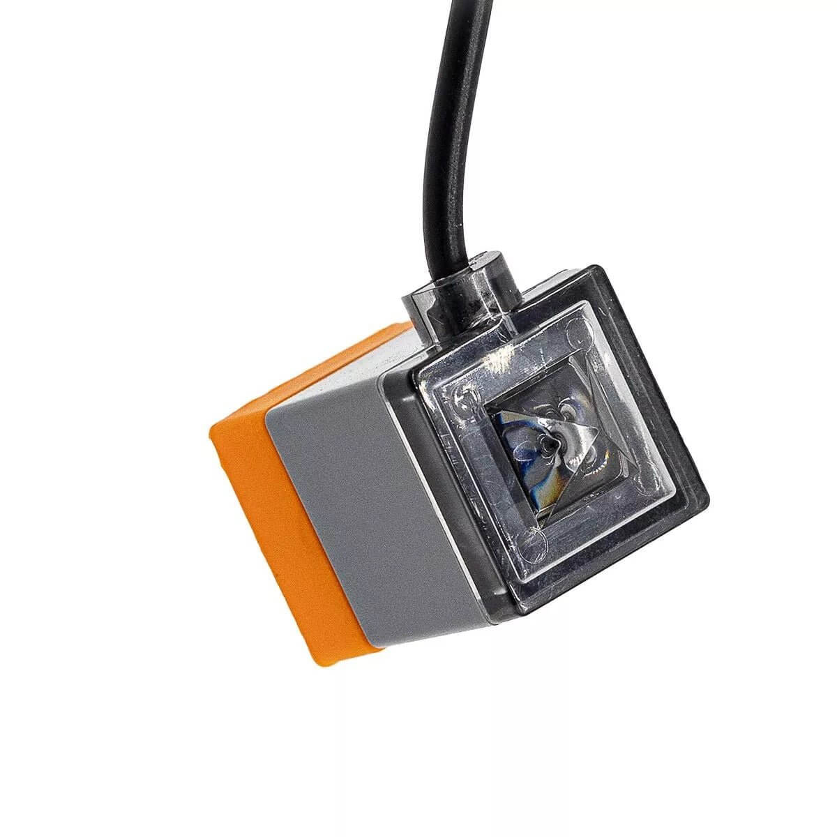 Close-up of Neptune A3 Apex Jr probe with a clear lens and orange accent, designed for aquarium monitoring.