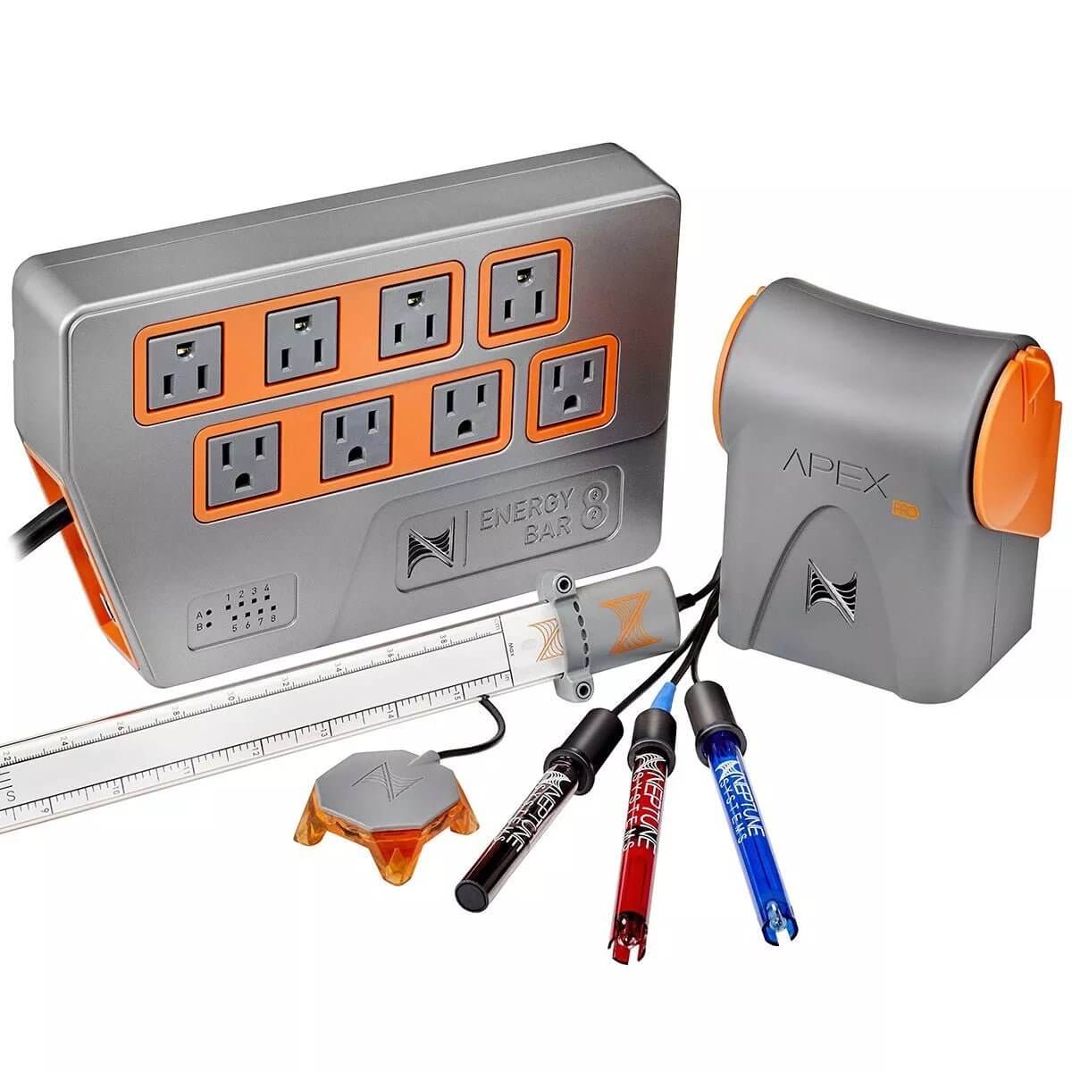 Neptune A3 Apex Pro Aquarium Controller System with Energy Bar 8 and sensor probes for aquatic monitoring and control.