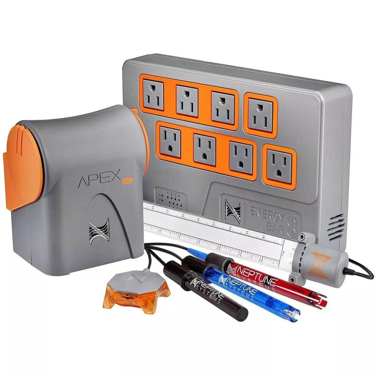 Neptune A3 Apex Pro Aquarium Controller System with energy bar, probes, and accessories for efficient aquarium monitoring.