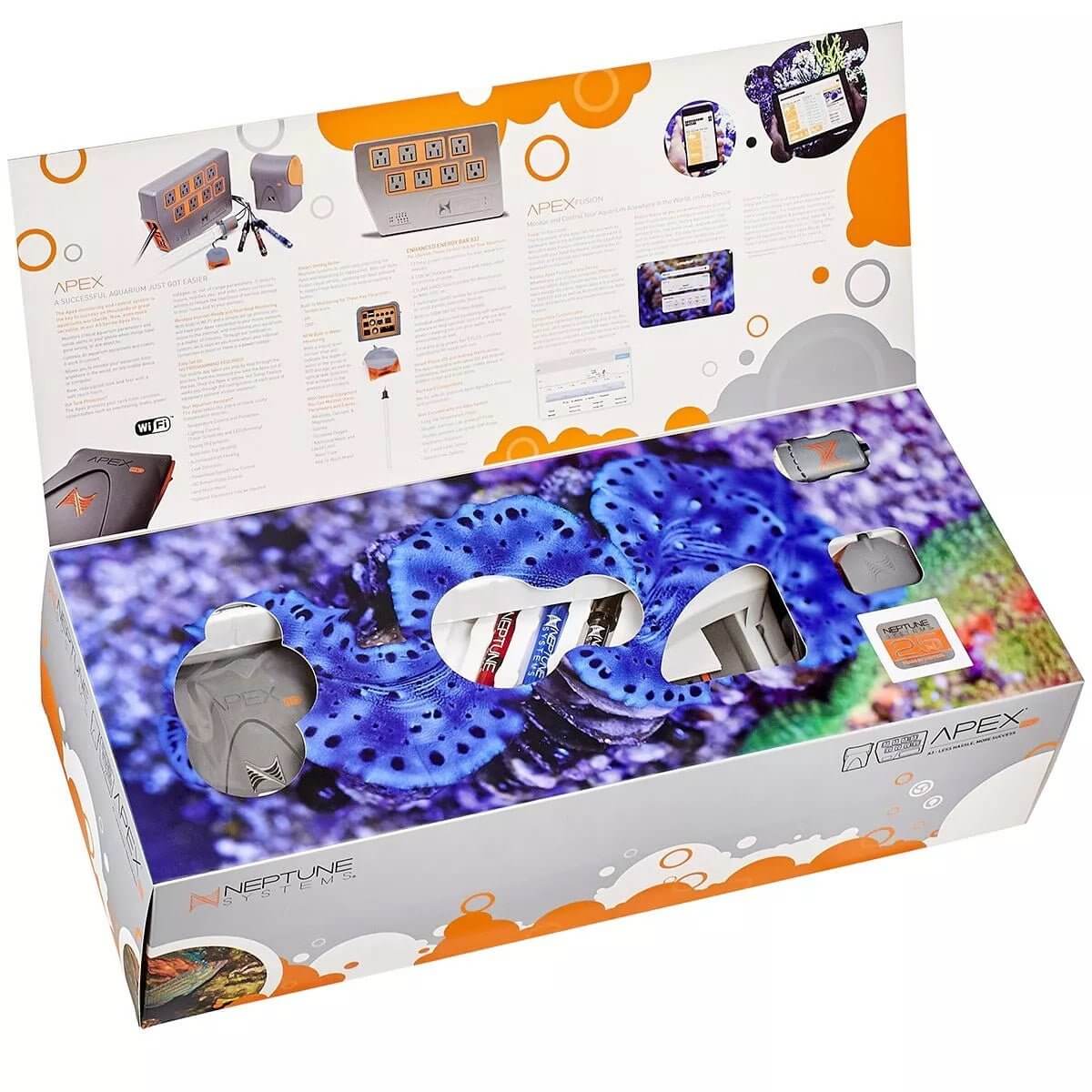 Neptune A3 Apex Pro Aquarium Controller packaging with detailed features and vibrant graphics.