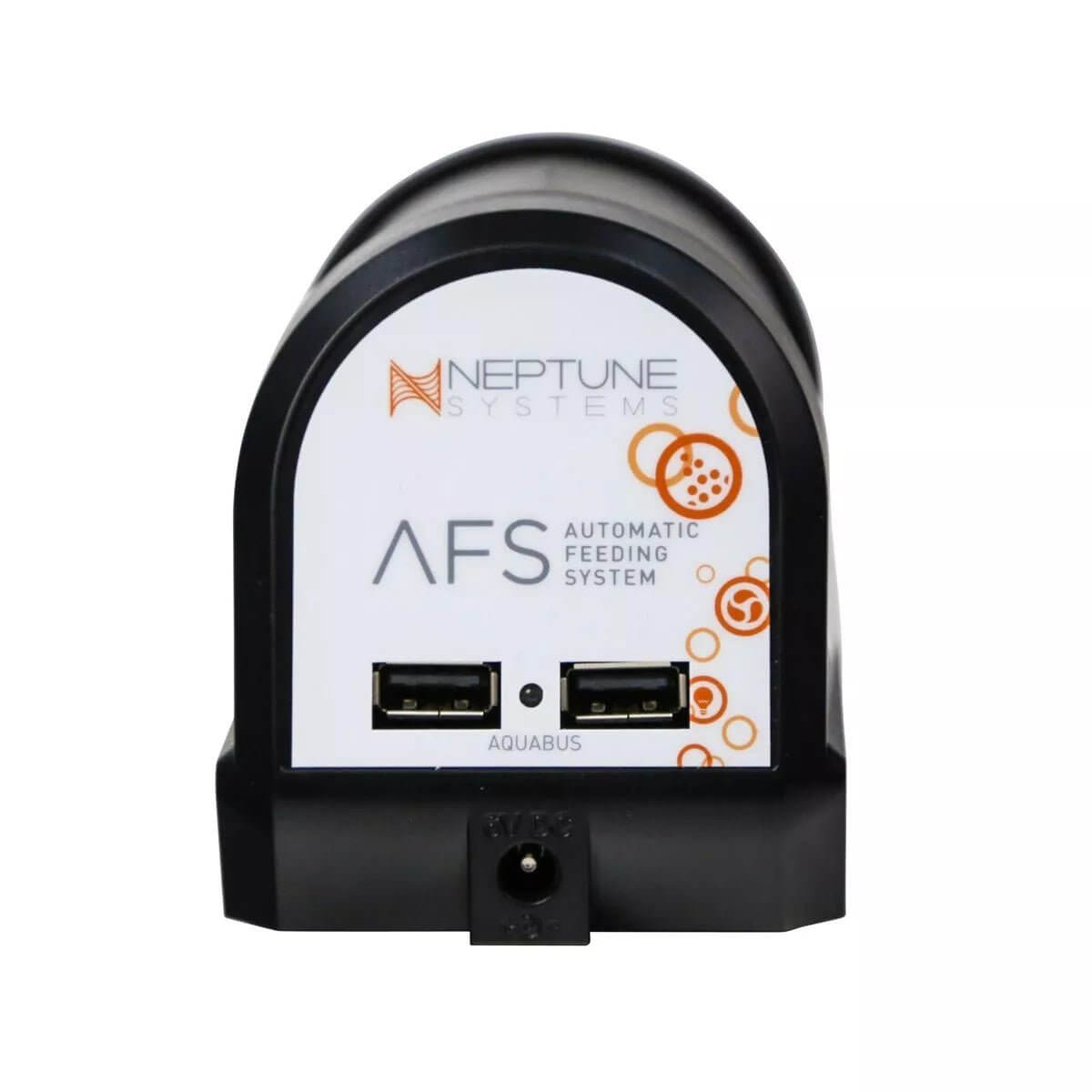 Neptune Automatic Feeding System front view with AFS logo and USB ports for fish feeding automation.
