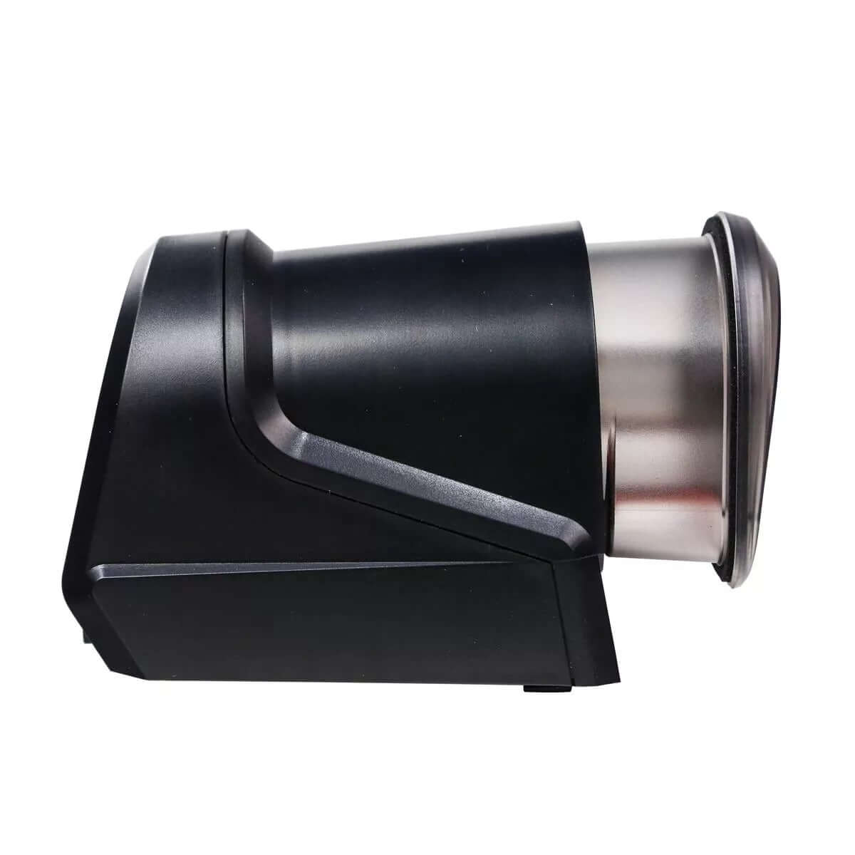 Neptune Automatic Feeding System side view, sleek black design with stainless steel feeding container for fish.