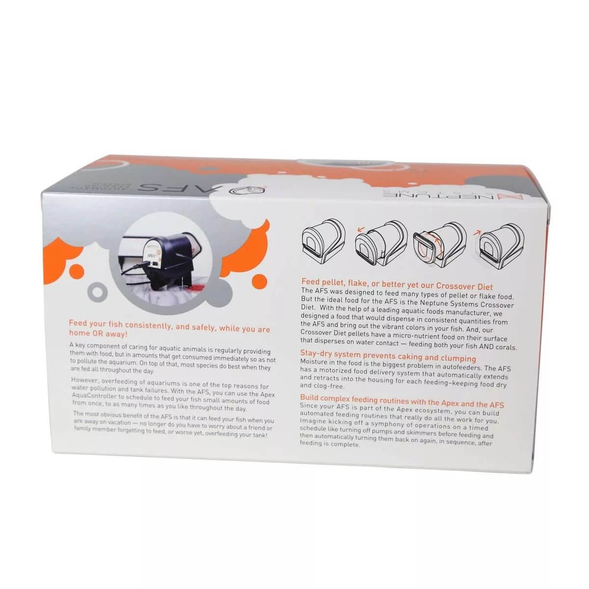 Neptune Automatic Feeding System box showcasing features for consistent fish feeding at home or away.