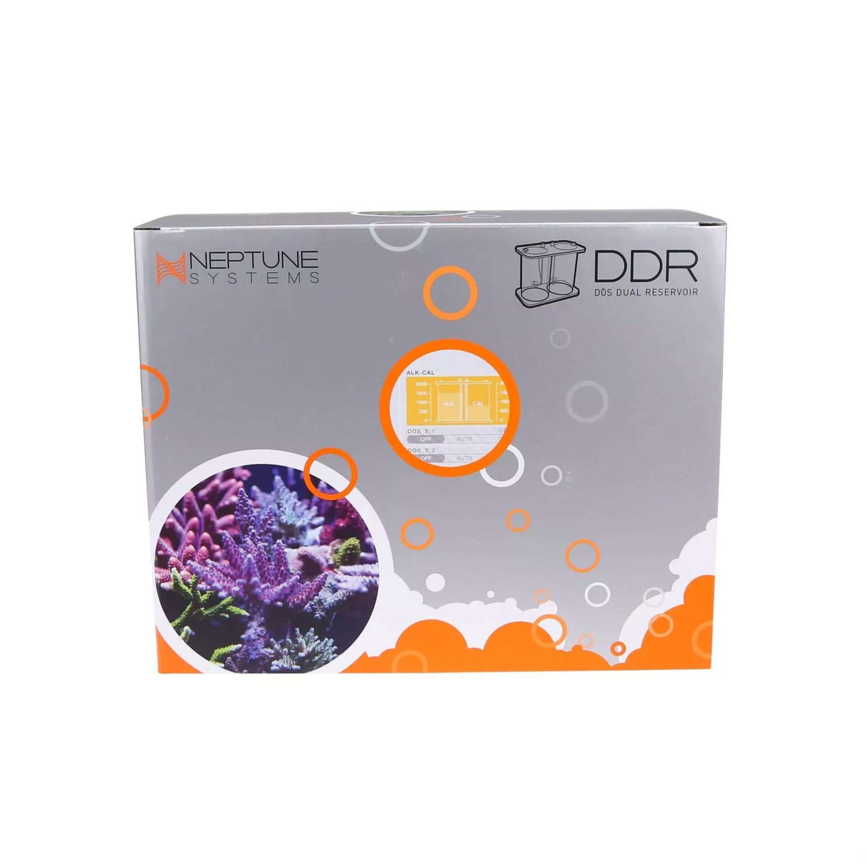 Neptune Systems DOS Dual Reservoir packaging featuring coral imagery and product details on a gray background.