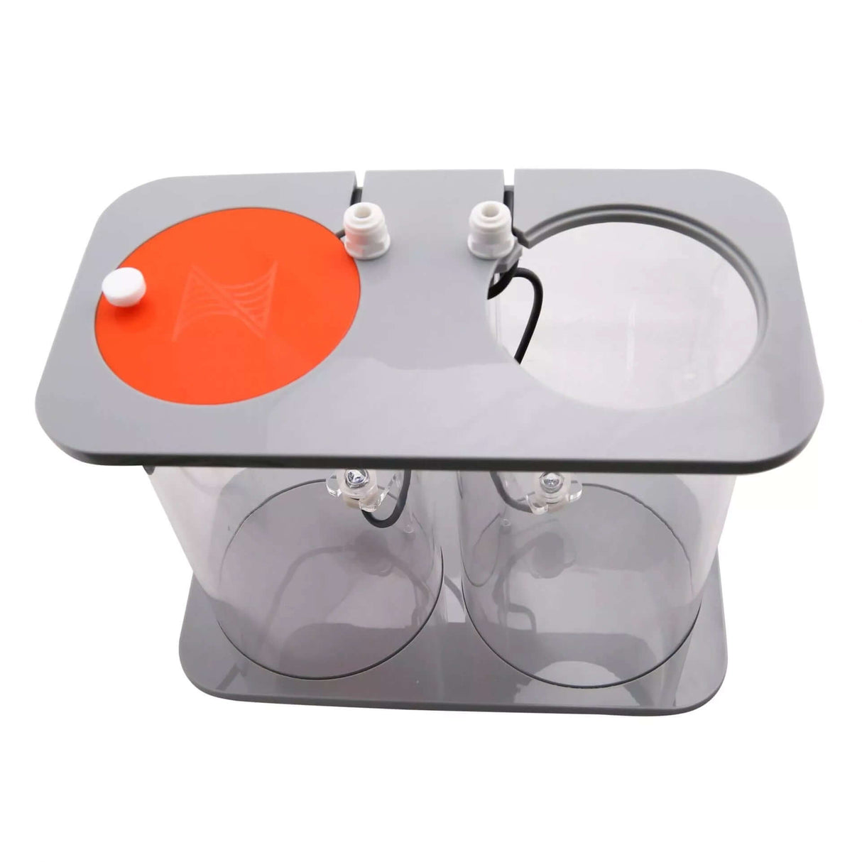 Neptune DOS Dual Reservoir with two transparent vessels and a sleek gray top, designed for liquid storage and dosing.