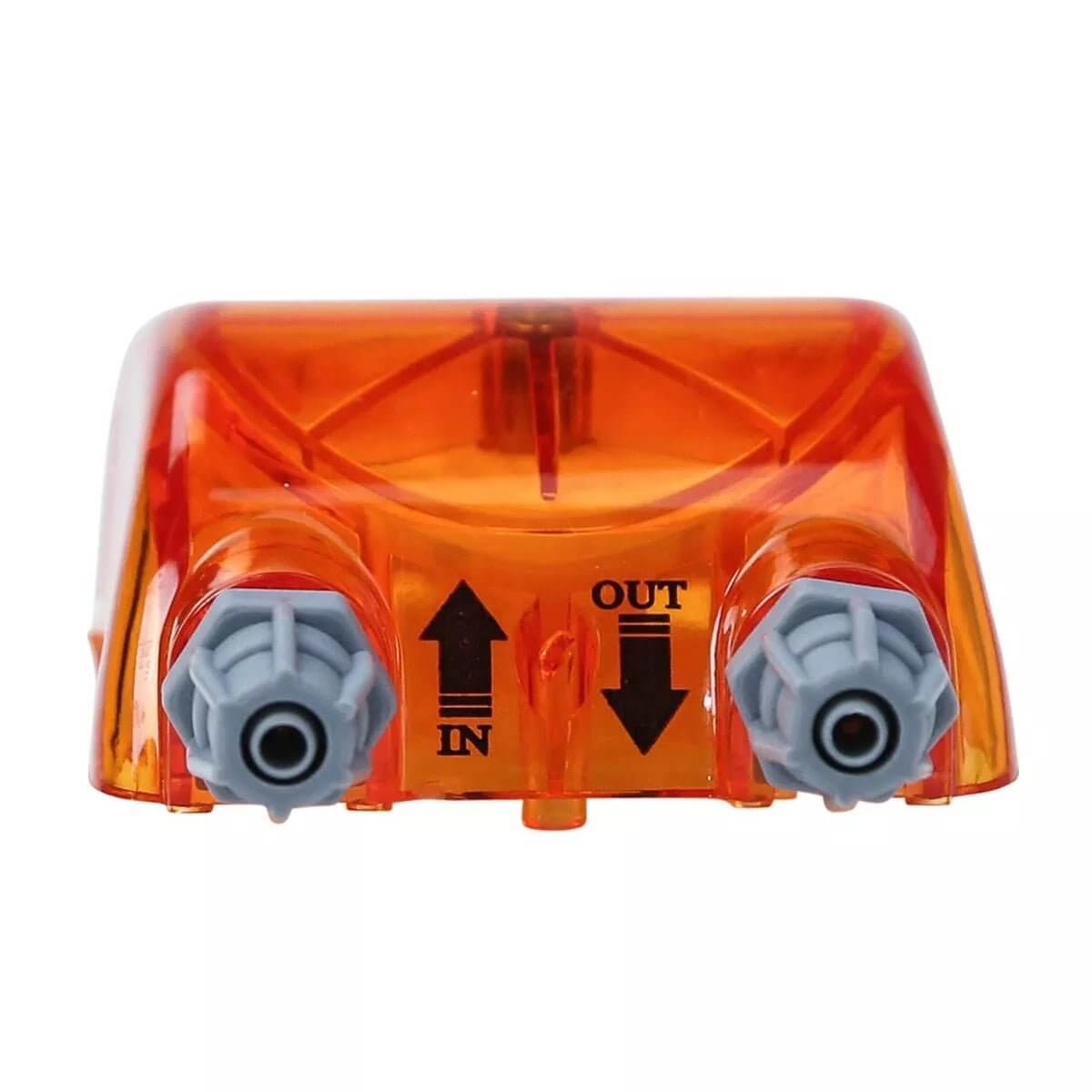 Neptune DOS Head Cap Replacement in orange, showing IN and OUT flow direction ports for easy fluid metering system installation.