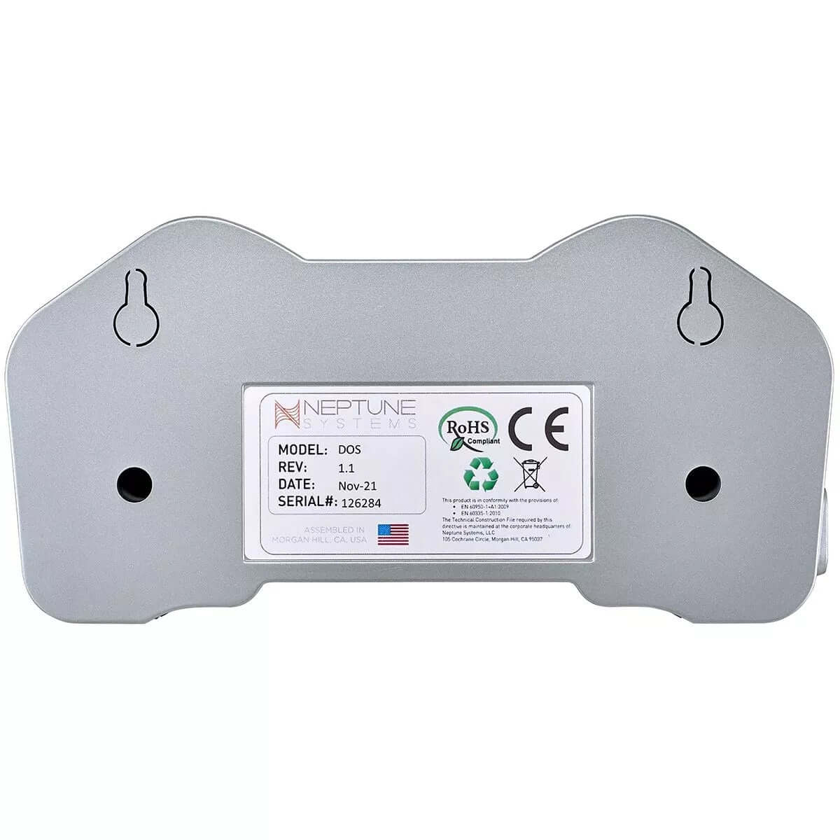 Back view of Neptune Dosing System model DŌS with serial number and certification labels.