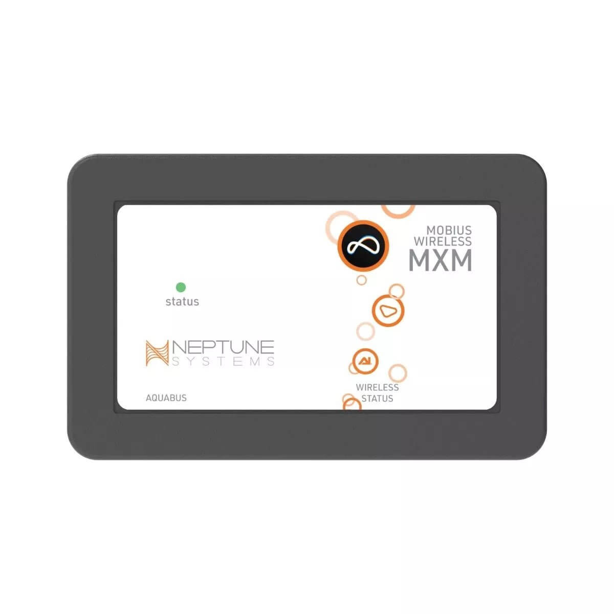 Neptune MXM Mobius Wireless Control Module interface showing status indicators and branding.