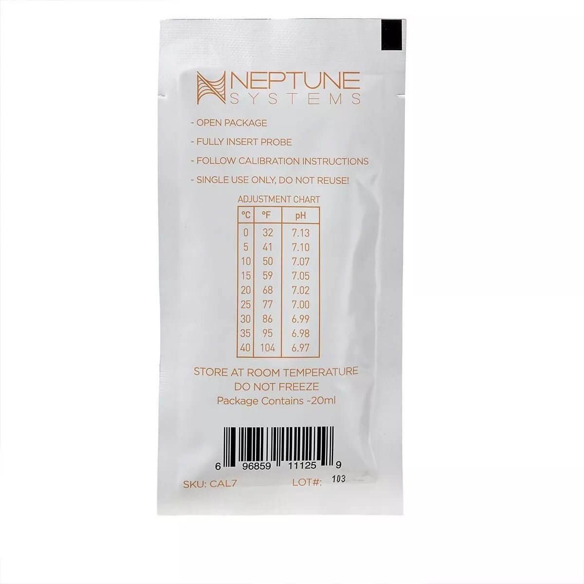 Neptune Systems pH calibration fluid packet with instructions and adjustment chart for accurate pH probe calibration.