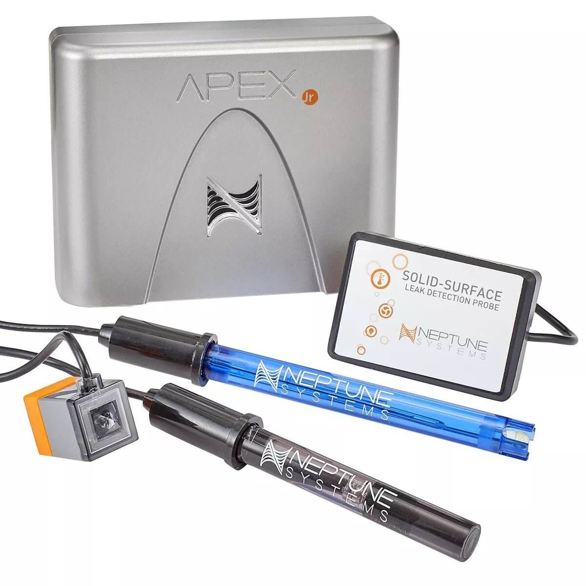 Neptune Systems A3 Apex Jr Aquarium Controller with probes and solid-surface leak detection sensor.
