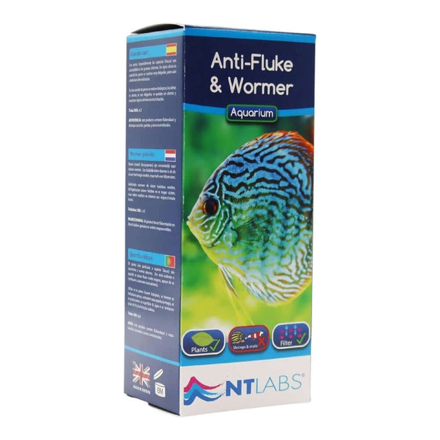 NT Labs Anti-Fluke and Wormer packaging, effective treatment for fish in tropical and coldwater aquariums.