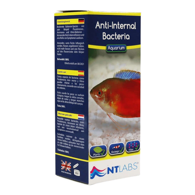 NT Labs Anti-Internal Bacteria treatment for fish, effective in tropical and coldwater aquariums, safe for filter bacteria.