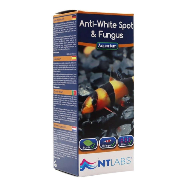 NT Labs Anti-White Spot and Fungus aquarium treatment box for tropical and coldwater fish, safe for plants and filters.