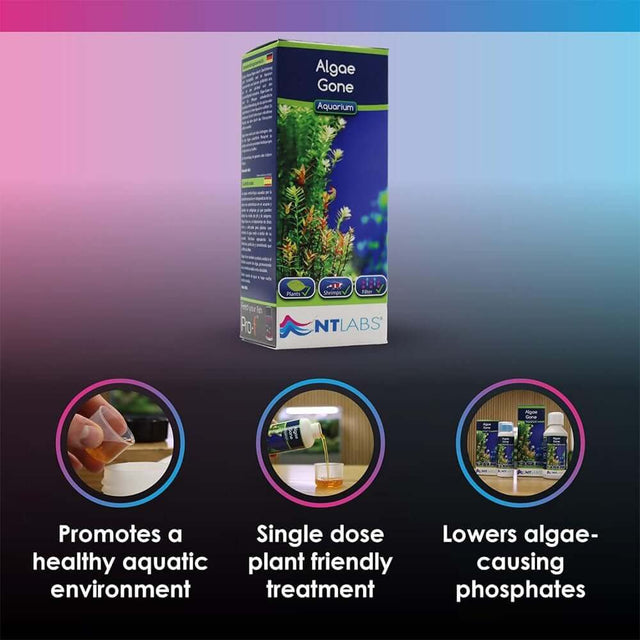 NT Labs Aquarium Algae Gone product box with benefits: promotes healthy aquatics, single dose treatment, lowers phosphates.