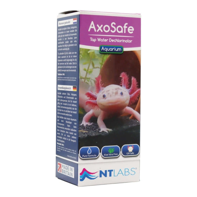 NT Labs AxoSafe 100ml tap water dechlorinator for axolotl aquariums, removes chlorine and heavy metals.
