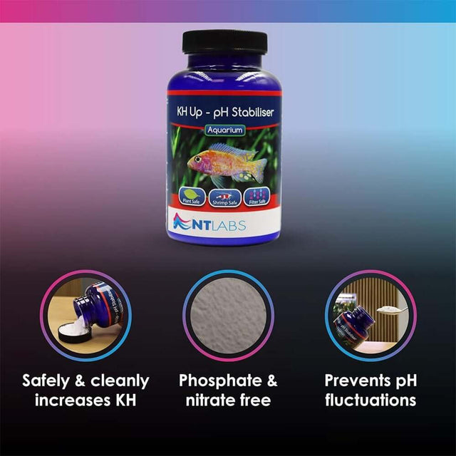 NT Labs Aquarium KH Up - pH Stabiliser 180g bottle, safely increases KH, prevents pH fluctuations, phosphate and nitrate free.