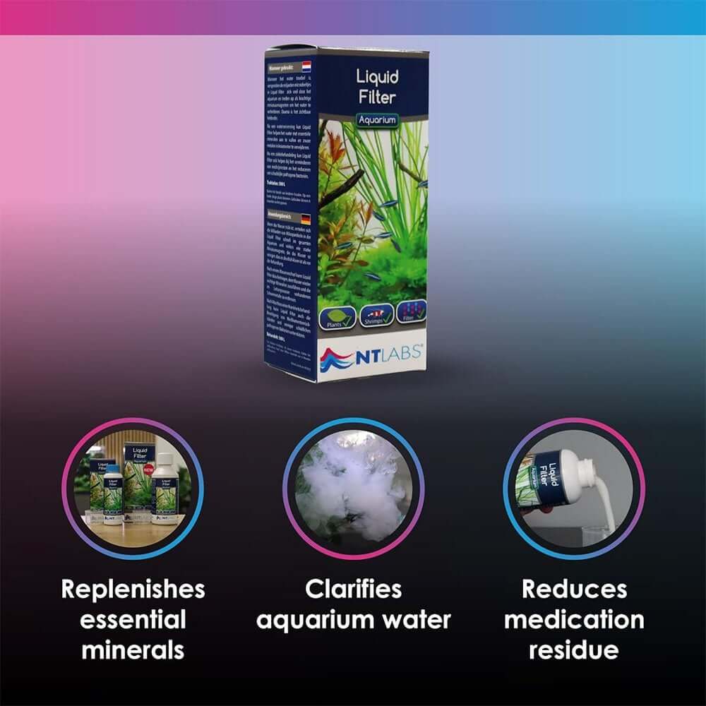 NT Labs Aquarium Liquid Filter, helps clarify water, reduces odor, and removes bacteria for healthy aquatic environments.