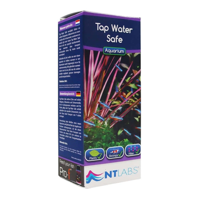 NT Labs Tap Water Safe for aquariums, removes chlorine & heavy metals, suitable for all fish, protects aquatic life.