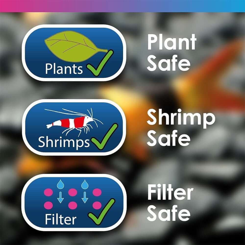 Icons indicating safety for plants, shrimp, and filters in aquarium treatments.