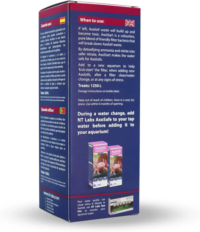 NT Labs AxoStart Bacteria 100ml product packaging displaying usage instructions for Axolotl aquariums.
