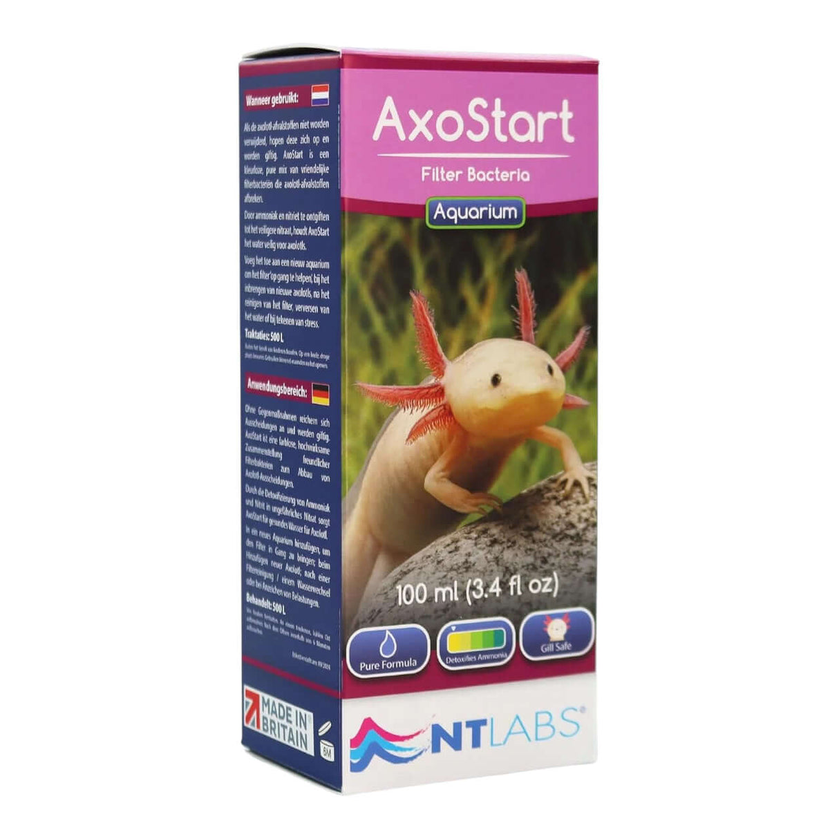 NT Labs AxoStart Bacteria 100ml packaging for Axolotl aquarium filtration and maintenance.