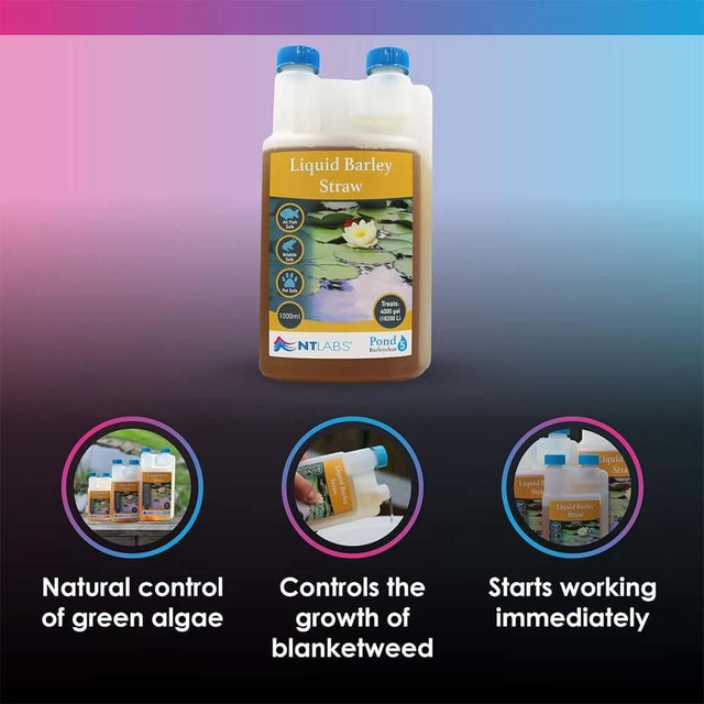 NT Labs Barleyclear Liquid Barley Straw 250ml for algae control, blanket weed prevention, and immediate effectiveness.