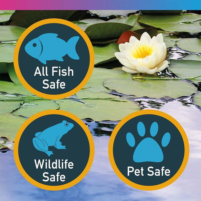 Icons displaying safety for fish, wildlife, and pets in pond environments with water lilies.