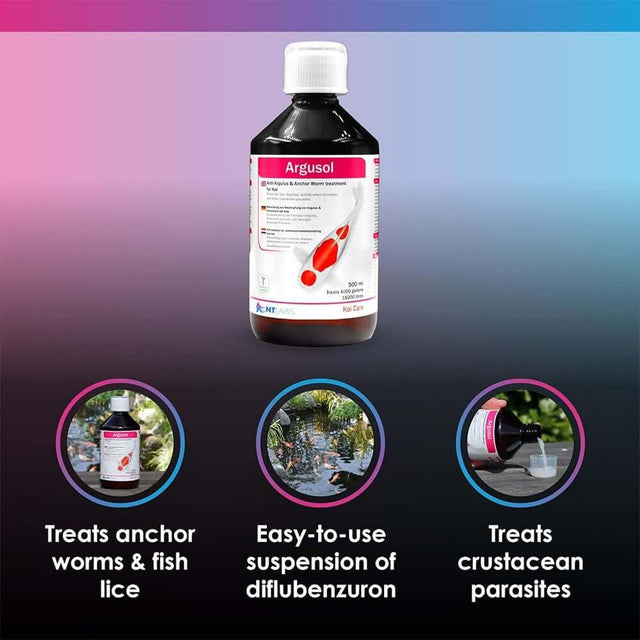 NT Labs Koi Care Argusol 500ml bottle, treats fish lice and crustacean parasites, easy-to-use diflubenzuron formula.