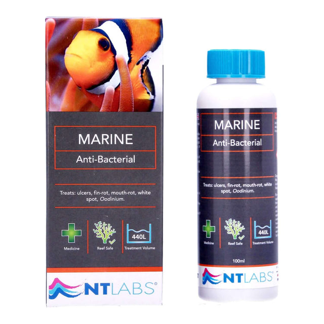 NT Labs Marine Anti Bacterial treatment for ulcers, fin-rot, and white spot in fish; effective and reef safe.
