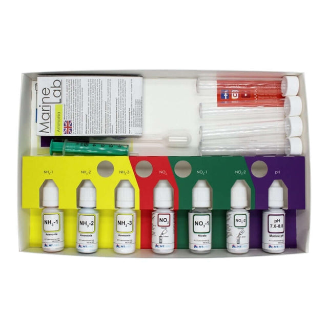 NT Labs Marine Lab Multi Test Kit with liquid reagents for ammonia, nitrite, nitrate, and pH testing.