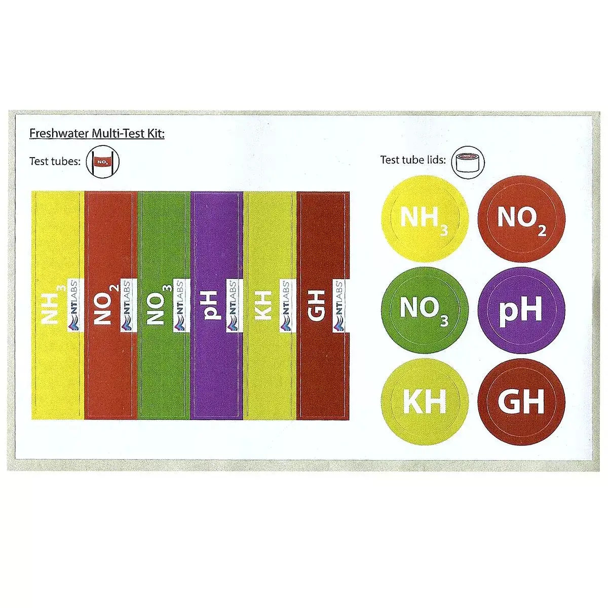NT Labs Marine Lab Multi Test Kit components displaying test tubes and lids for key water parameters.