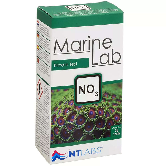 NT Labs No3 Marine Lab Nitrate Test Kit box for accurate nitrate monitoring in reef aquariums, contains 35 tests.