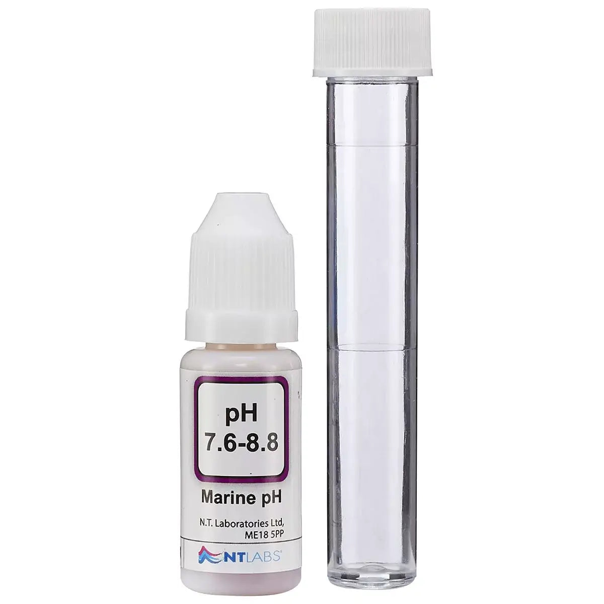 NT Labs Marine Lab pH Test Kit includes liquid reagent and test vial for accurate pH monitoring in marine aquariums.