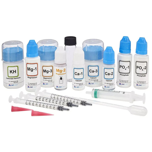 NT Labs Marine Lab Reef Multi Test Kit including KH, Magnesium, Calcium, and Phosphate testing solutions and syringes.