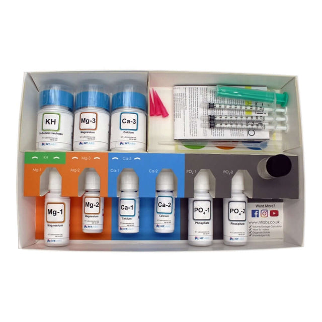NT Labs Marine Lab Reef Multi Test Kit with bottles for KH, Magnesium, Calcium, and Phosphate testing in aquatic environments.