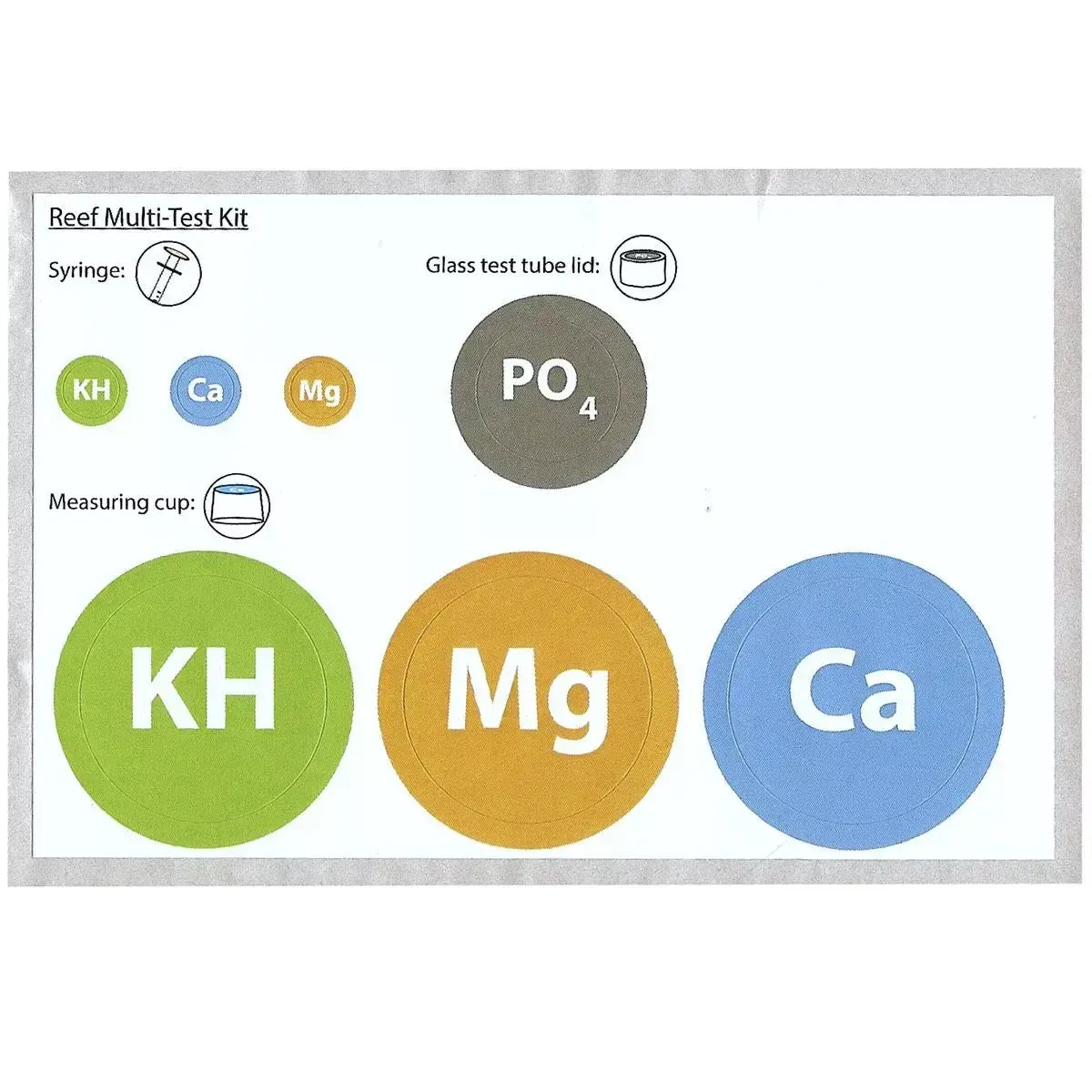 NT Labs Marine Lab Reef Multi Test Kit, testing indicators for KH, Magnesium, Calcium, and Phosphate.