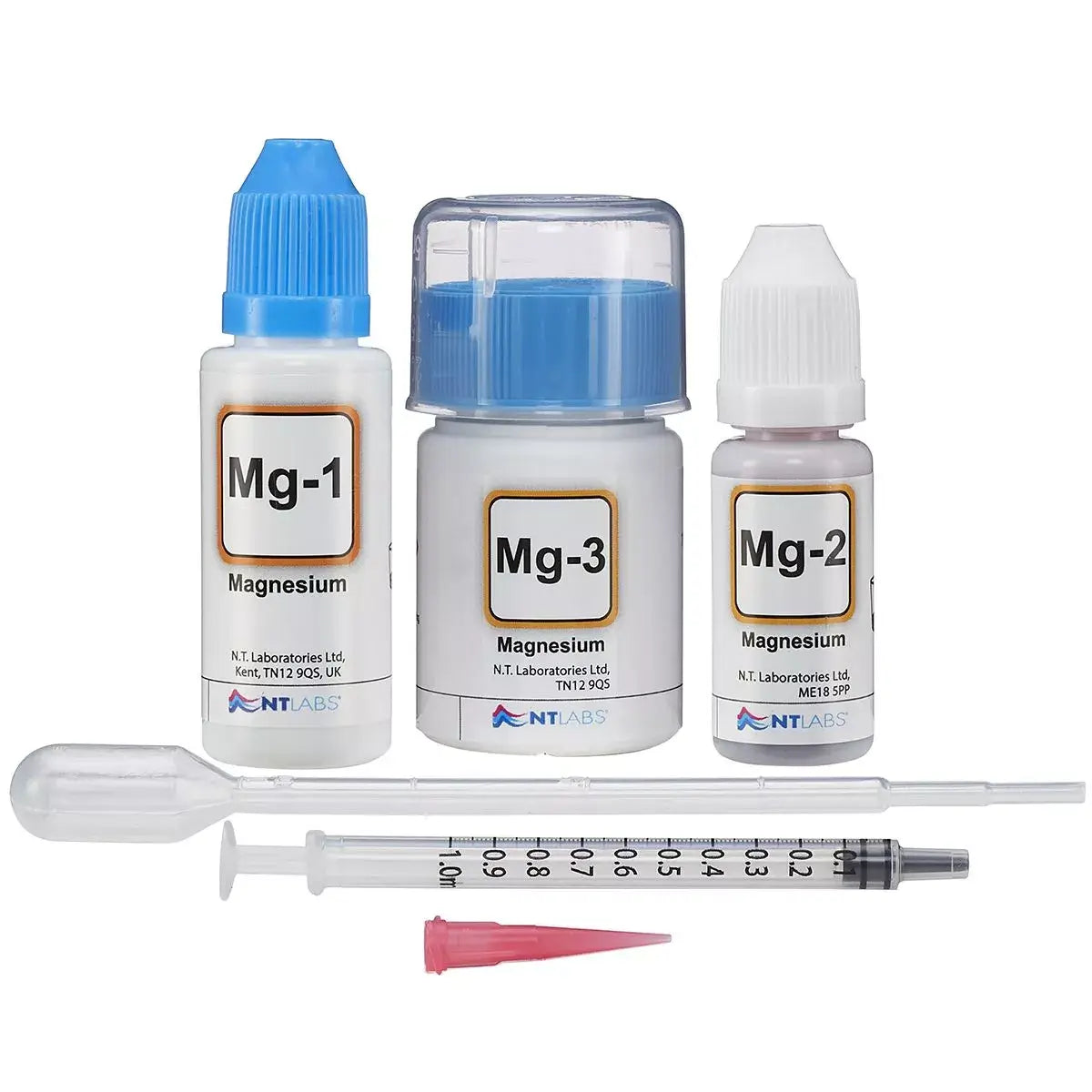 NT Labs Mg Marine Lab Magnesium Test Kit with three bottles and syringe for accurate coral growth monitoring.