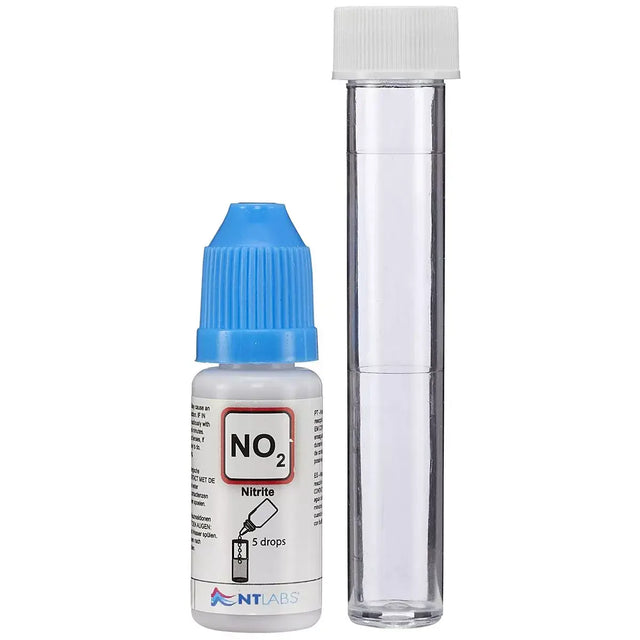 NT Labs No2 Marine Lab Nitrite Test Kit includes liquid reagent and test vial for monitoring aquarium nitrite levels.