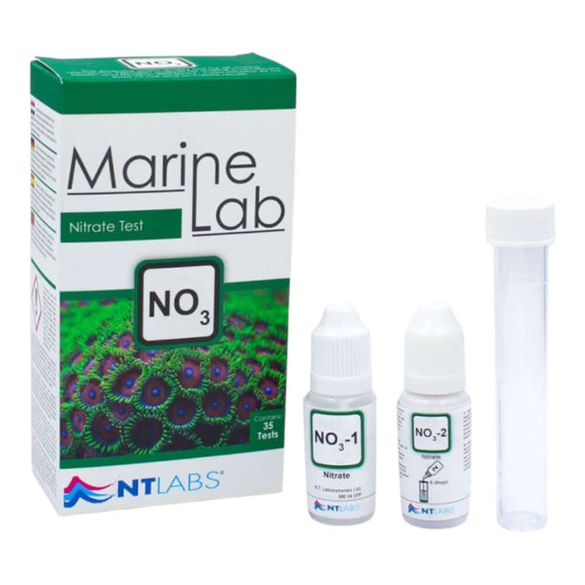 NT Labs Marine Lab Nitrate Test Kit with reagents and test vial for monitoring aquarium nitrate levels.