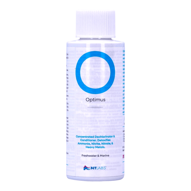 NT Labs Optimus Water Conditioner concentrated dechlorinator for safe aquarium use, detoxifying ammonia, nitrite, nitrate, & heavy metals.