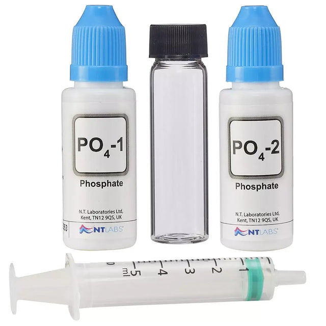 NT Labs Po4 Marine Lab Phosphate Test Kit includes liquid reagents and a syringe for accurate phosphate monitoring.
