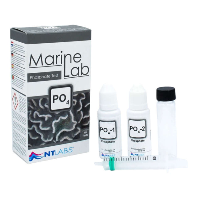 NT Labs Po4 Marine Lab Phosphate Test Kit with reagents and syringe for monitoring aquarium phosphate levels.