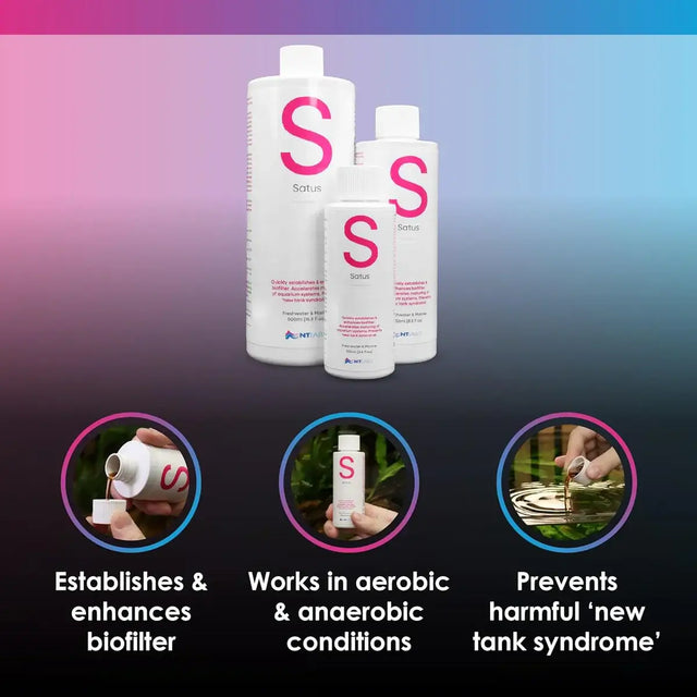 NT Labs Satus Filter Start bottles that establish biofilter and prevent new tank syndrome.