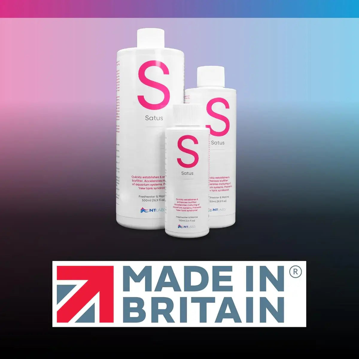 NT Labs Satus Filter Start bottles, sizes for establishing aquarium biofilters, Made in Britain.