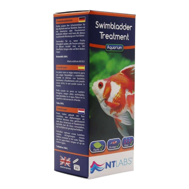 NT Labs Swimbladder Treatment box for fish aquarium; aids buoyancy and addresses swimming irregularities.