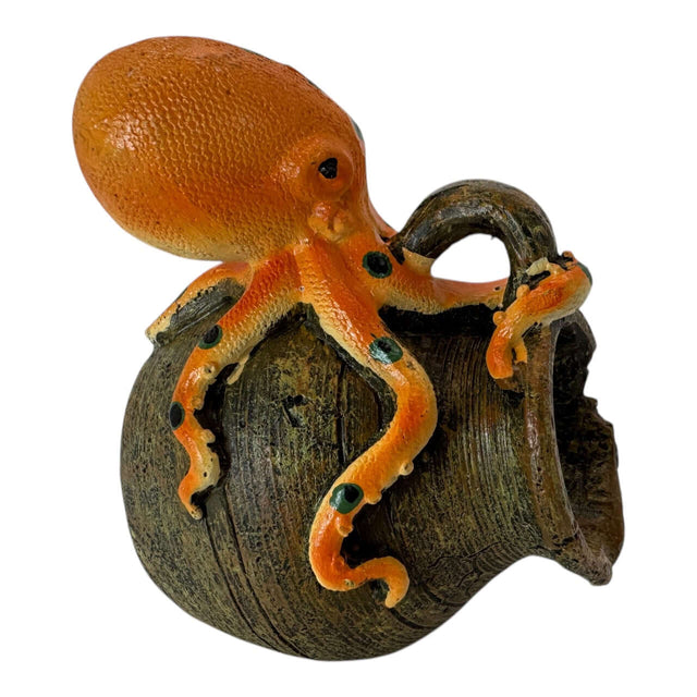 Colorful octopus entwined around a broken jar aquarium ornament, enhancing underwater decor.