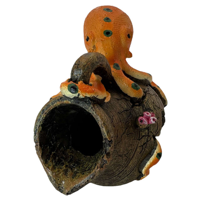 Vibrant octopus entwined around a broken jar aquarium ornament for a whimsical underwater decor.