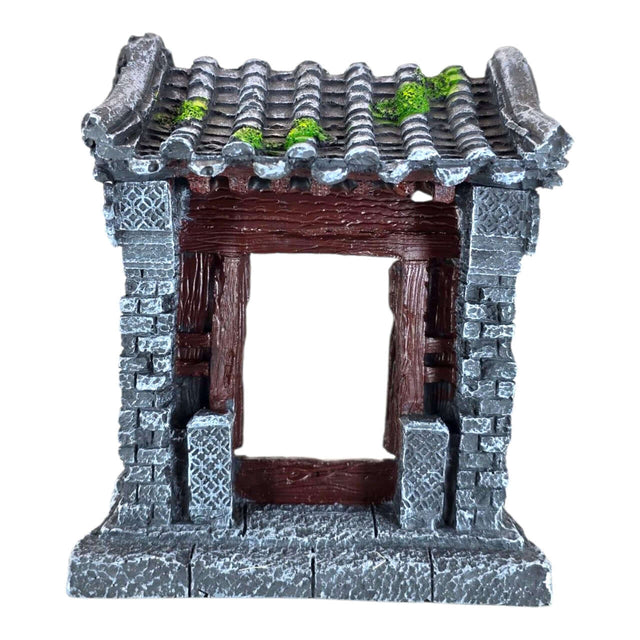 Old China Gate aquarium ornament with realistic stone texture and detailed wooden accents, perfect for aquariums or dioramas.